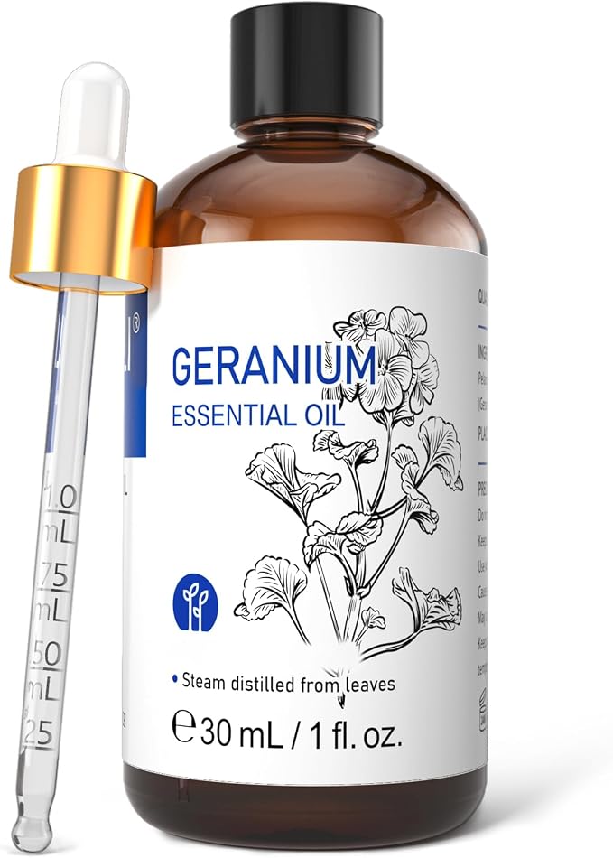 HIQILI Geranium Essential Oil for Diffuser & Skin Care | Refreshes Air, Nourishes Skin, Can be Mixed with Any Bases, Great for Aromatherapy, DIY Soap & Candle - 30mL / 1.01 fl oz