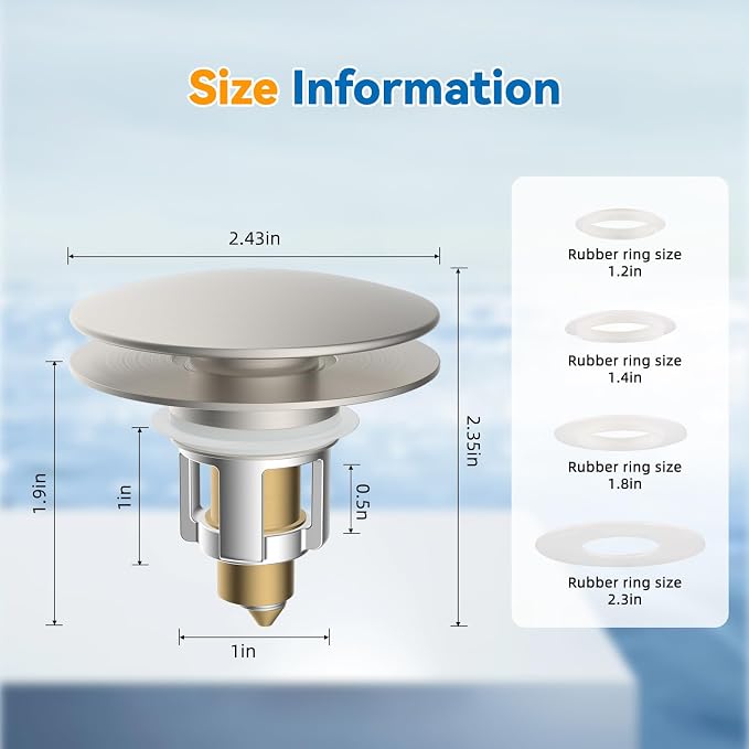Universal Metal Bathroom Sink Stopper Hair Catcher Strainer, Brushed Nickel | Pop-Up Sink Drain Strainer with Detachable Filter, Drain Plug Fits 1.1"-2.36" US Basin, Large Cover Cap, Brass Bounce Core
