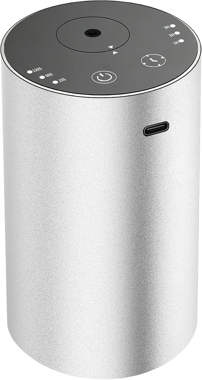 URPOWER Waterless Essential Oil Diffuser Cordless Mini Scent Diffuser 20mL | Includes 2 x 20mL Essential Oils, Battery Operated Design, Aluminum Body, Portable Size for Car, Home and Office Use, Silver