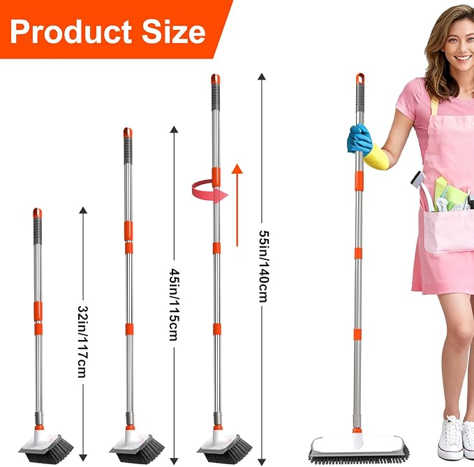 Floor Scrub Brush with Long Handle, 12" Wide 2-in-1 Deck Brush and Squeegee with 55" Stainless Steel Pole, Heavy-Duty Stiff Bristles for Shower, Tile, Garage, Patio & Kitchen-Orange