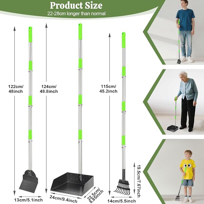 T2Y Pooper Scooper Extra Long Handle, Rake+Tray+Spade Set | 48" Tall No-Bend | 9.4'' Large Tray | Stainless Steel | Adjustable | Works on Grass, Gravel & Dirt | Easy to Install