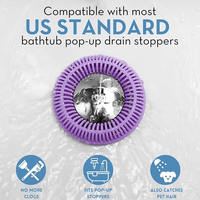 TubRing Pop-Up Drain Protector & Strainer Silicone Hair Catcher, Violet | Easy snap-in design fits around bathtub stoppers. Customizable utility guard for clog prevention. Fits 1.85"- 2.16" drains.