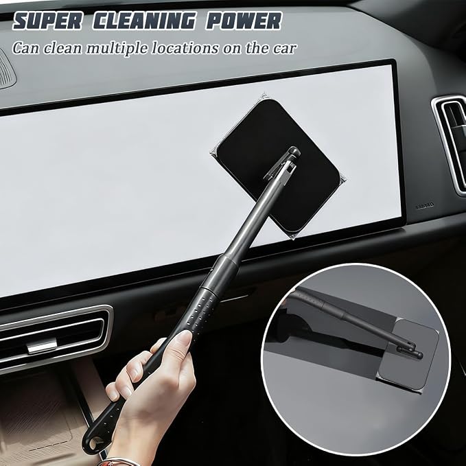 Car Windshield Cleaning Tool, Vehicle Window Glass Cleaner with 2 Reusable Microfiber Pads & Extendable Handle, Automotive Interior Windscreen Wash Kit, Universal for Most Vehicles