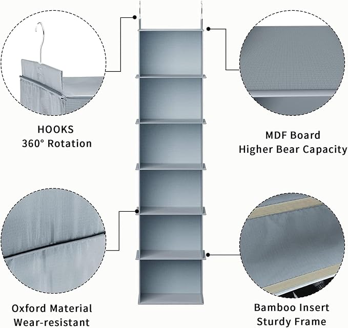 YOUDENOVA Hanging Closet Organizer, 6-Shelf Closet Hanging Shelves, Grey