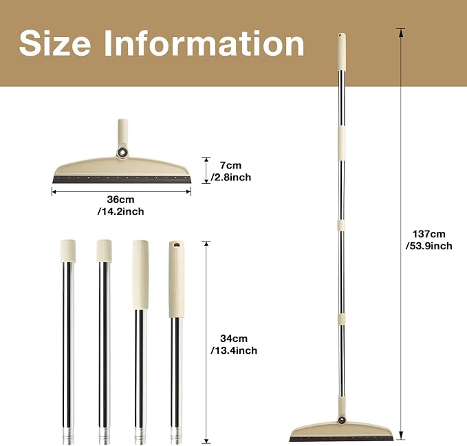 Silicone Air Broom, Multi-Function Long Handle with Adjustable Rubber Squeegee for Indoor Hardwood Floors, Kitchens, Concrete Floors, Bathroom Tiles (Beige)