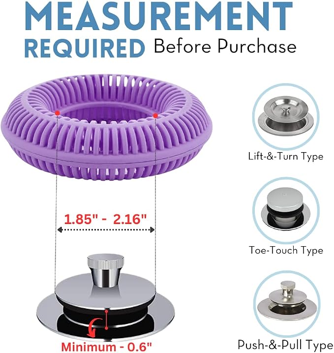 TubRing Pop-Up Drain Protector & Strainer Silicone Hair Catcher, Violet | Easy snap-in design fits around bathtub stoppers. Customizable utility guard for clog prevention. Fits 1.85"- 2.16" drains.