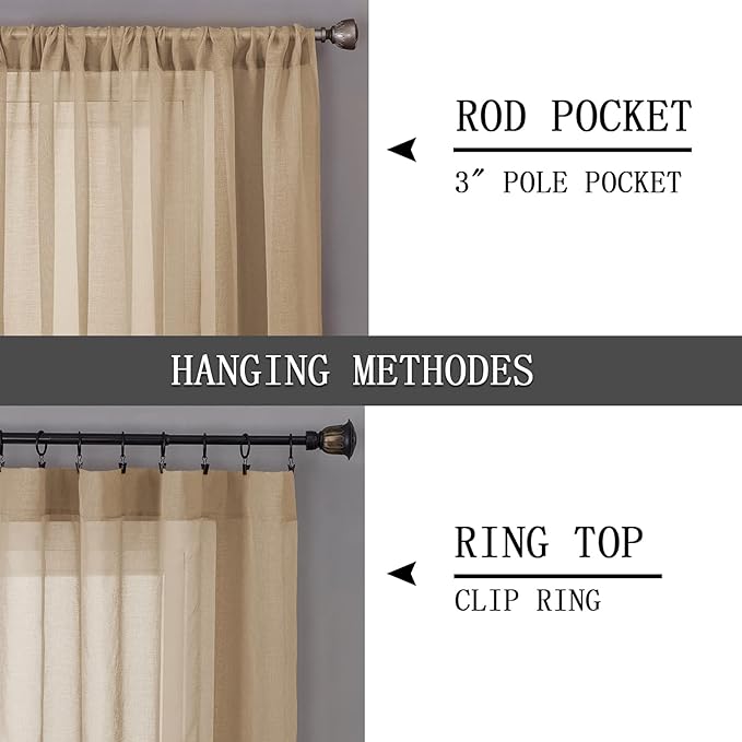 Tollpiz Short Sheer Curtains Linen Textured Bedroom Curtain Sheers Light Filtering Rod Pocket Voile Curtains for Living Room, 54 x 45 inches Long, Beige, Set of 2 Panels