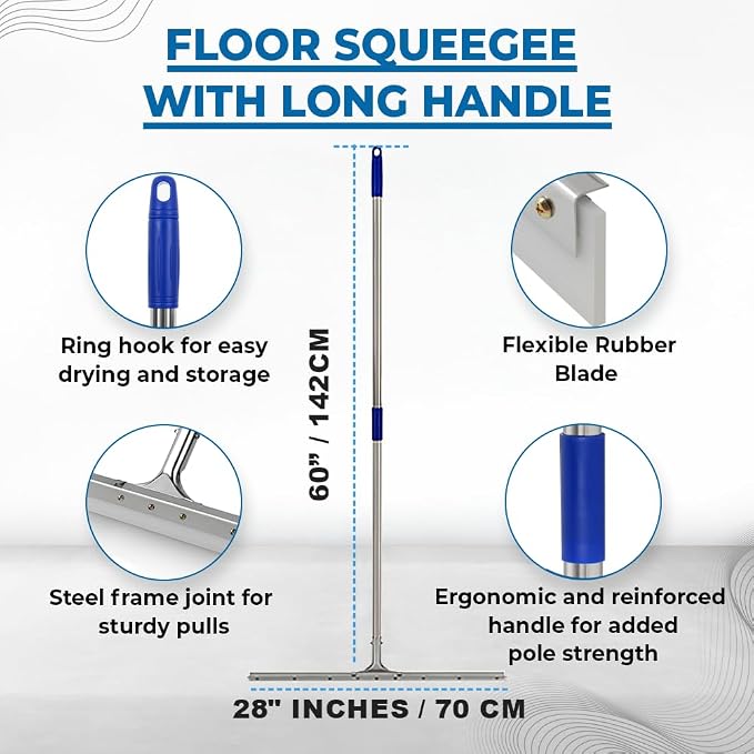 MHM AquaSlide PushPro – 28-Inch Heavy Duty Squeegee for Concrete Floors & Wet Surfaces | Industrial Rubber Blade Water Removal Tool for Garages, Warehouses, Driveways & Commerical Use