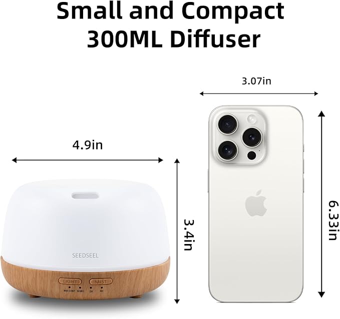 SEEDSEEL 300ML Essential Oil Diffuser with 7-Color LED Lights and Remote Control, Modern Minimalist Design, High-Efficiency Ultrasonic Mist Aromatherapy Diffuser for Home