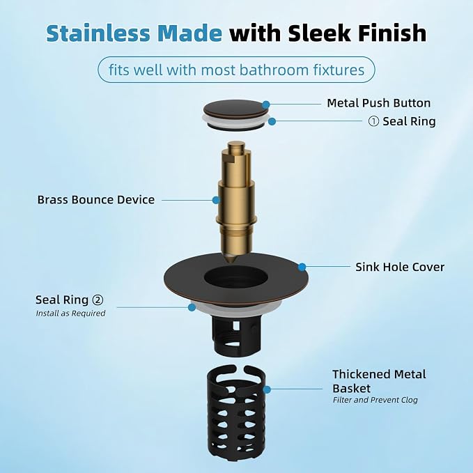 Universal Metal Bathroom Sink Drain Strainer Hair Catcher Upgraded 3 in 1 Pop-up Sink Stopper, with Detachable Stainless Steel Filter Basket, Fit Standard 1.1''~2.36'' Basin Hole, Oil Rubbed Bronze