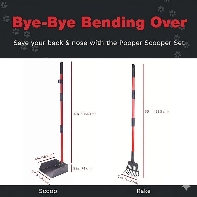 Pawler Pooper Scooper for Dogs with Long Handle Rake & Tray, Heavy Duty | Pawler Rustproof Aluminum Poop Scooper Set with 36+" Handles for Yard, Grass, Dirt & Gravel