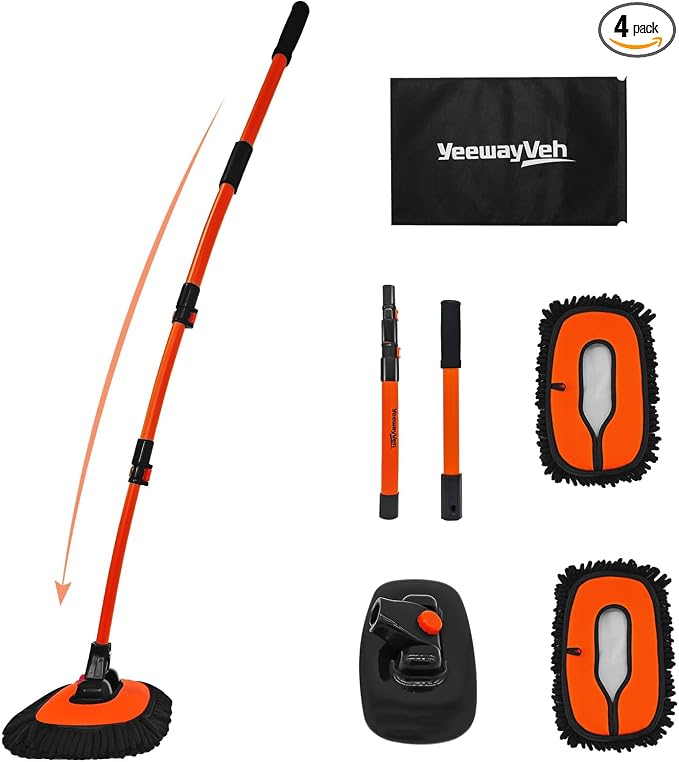 YeewayVeh 55" Car Wash Brush Mop, Extendable Long Handle, Orange | 15° Curved Extension Pole, Extra Microfiber Mop Head, Scratch-Free Auto Cleaning Kit for Truck, SUV & RV