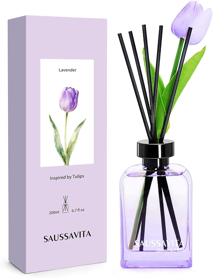 Flower Reed Diffuser Set Lavender Scent 6.76 oz for 120 Days Small Spaces | Floral Scent, Purple Tulip, Vintage Rectangular Bottle, Long Lasting, Narrow Spaces, Office Shelf Decor,Valentine's Day Gift