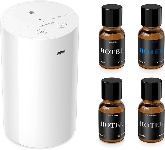 Airversa AN8 Waterless Essential Oil Diffuser Starter Kit, White | 4 x 10mL Hotel Scent Fragrance Oi, Up to 600 sq ft, Battery Operated, Portable for Home Car Office, AN8Kit-4x10-01