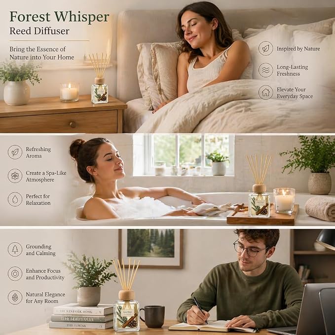 Fir Reed Diffuser, 3.4 Fl Oz | Woody fir forest scent; Up to 120 Days of Fragrance for Bedroom, Bathroom, Living Room or Office; Gift-ready.