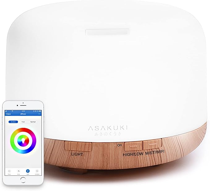 ASAKUKI Smart Wi-Fi Essential Oil Diffuser, 500ml App Control Humidifier | Voice Control Compatible with Alexa, Aromatherapy for Relaxing Atmosphere in Home Office Bedroom(Light Brown)