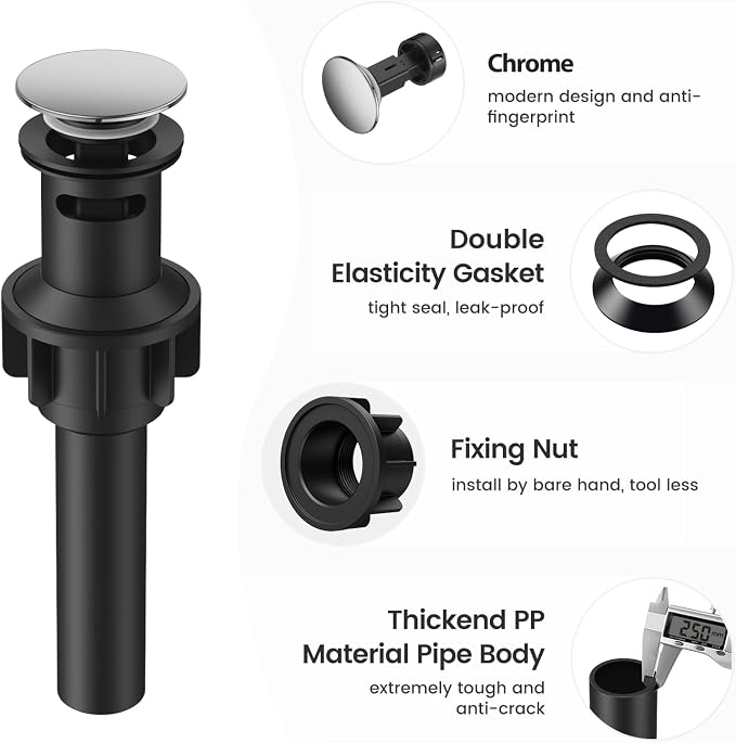 Bathroom Sink Drain with Overflow with Hair Catcher Anti-Clog Sink Strainer | Hurran Bathroom Sink Stopper for 1.65-1.9" Hole, Plastic Pop-up Drain for Bathroom Vanity Vessel Sink, Chrome, 2 Pack