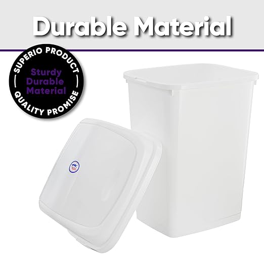 Superio Kitchen Trash Can 13 Gallon with Swing Lid, Plastic Tall Garbage Can Outdoor and Indoor, Large 52 Qt Recycle Bin and Waste Basket for Home, Office, Garage, Patio, Restaurant (White)