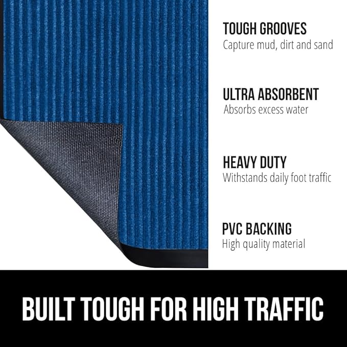 GORILLA GRIP Traffic Guard Door Mat, 2 Pack, Heavy Duty Waterproof Doormat, Commercial Office Space Welcome Mats, Stain and Fade Resistant, Low Profile, Strong Rubber Backing, 29x17, Blue