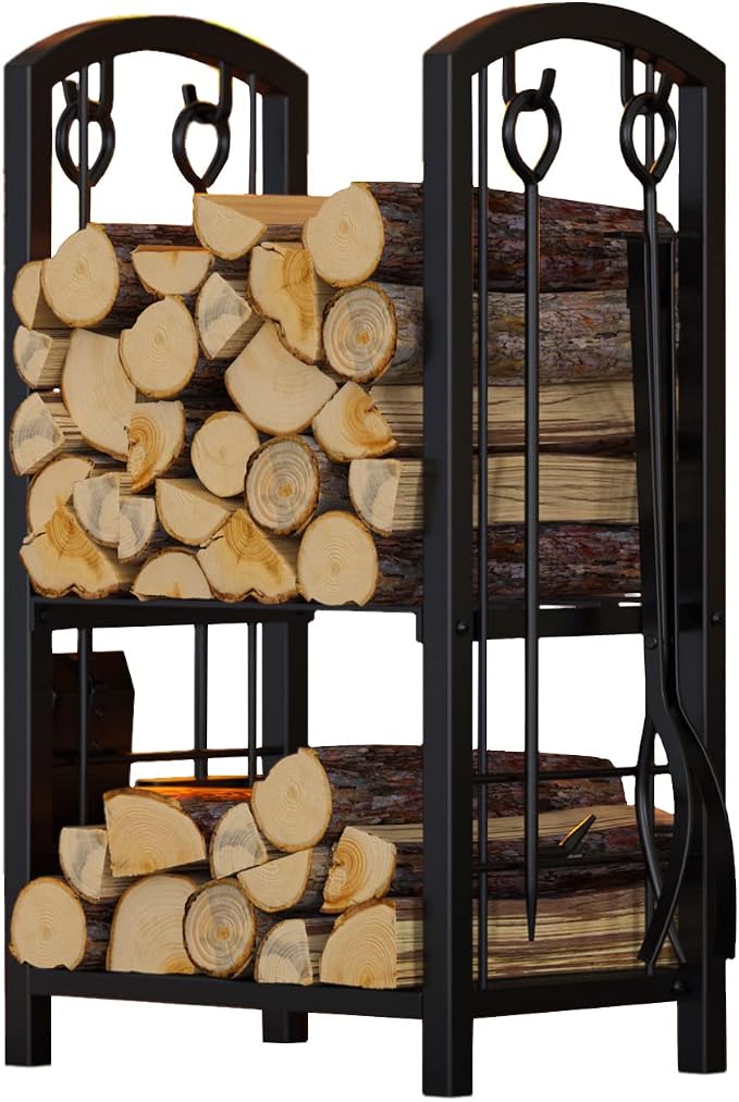 Fire Beauty Fireplace Firewood Log Rack 5-Piece Storage Logs Holder with Tools Set with 4 Tools Set Fireside Holders Wood Lumber Storage Stacking Black