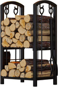 Fire Beauty Fireplace Firewood Log Rack 5-Piece Storage Logs Holder with Tools Set with 4 Tools Set Fireside Holders Wood Lumber Storage Stacking Black