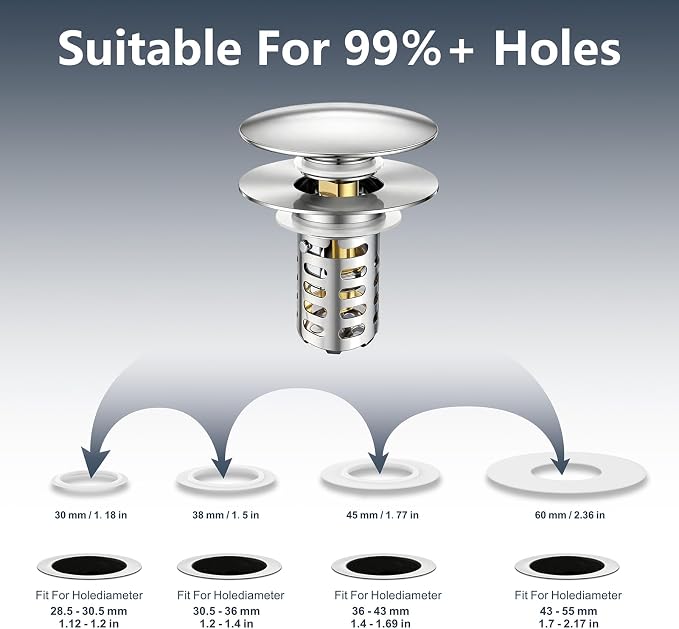 Bathroom Sink Pop-Up Stopper, Sink Drain Strainer Hair Catcher | Universal 1.1"-2.17" Drains, Brass Core & Stainless Steel Mesh, Hair Catcher 2 in 1 bathroom Sink Stopper Strainer