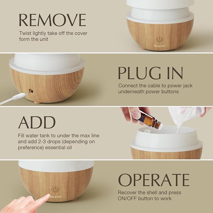 SALKING Essential Oil Diffuser for Home, 100ml Small Aromatherapy Diffuser | Ultrasonic Diffusers for Essential Oils, Warm White Lights, Cool Mist Humidifier with Auto Shut-Off, for Bedroom, Office
