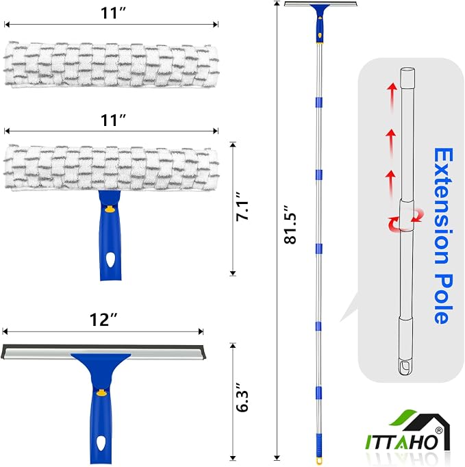 81" Window Squeegee Cleaner, Window Cleaning Tool Kit,12" Squeegee and 11" Microfiber Scrubber Combi with Stainless Steel Pole for Car,Sliding Door,Shower Glass Door-Swivel Style-2 Pads