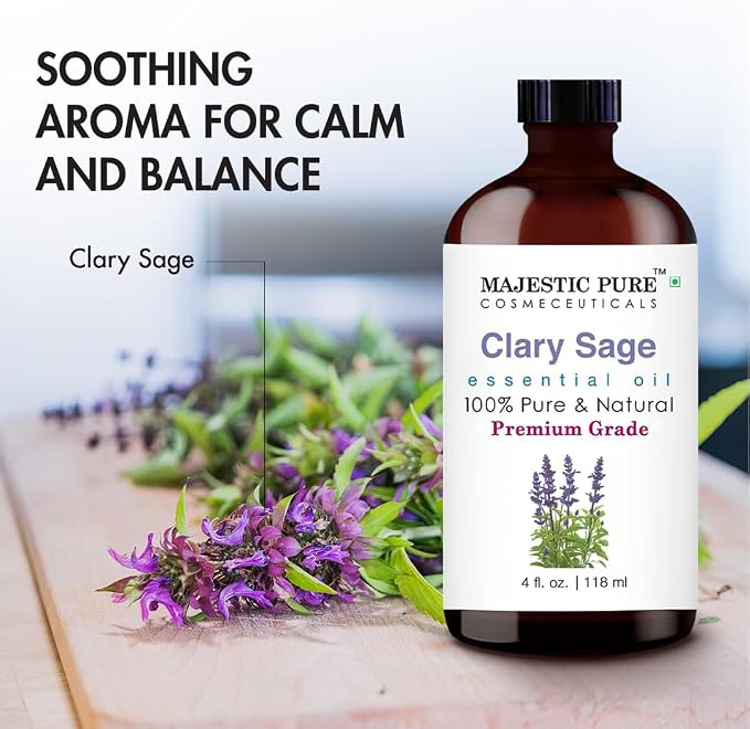 Majestic Pure Clary Sage Essential Oil for Diffuser - 4 Fl Oz | 100% Pure & Natural Essentials Oils for Humidifier, Air Freshening, Cleaning Home, Bath, spa-inspired self-care routines