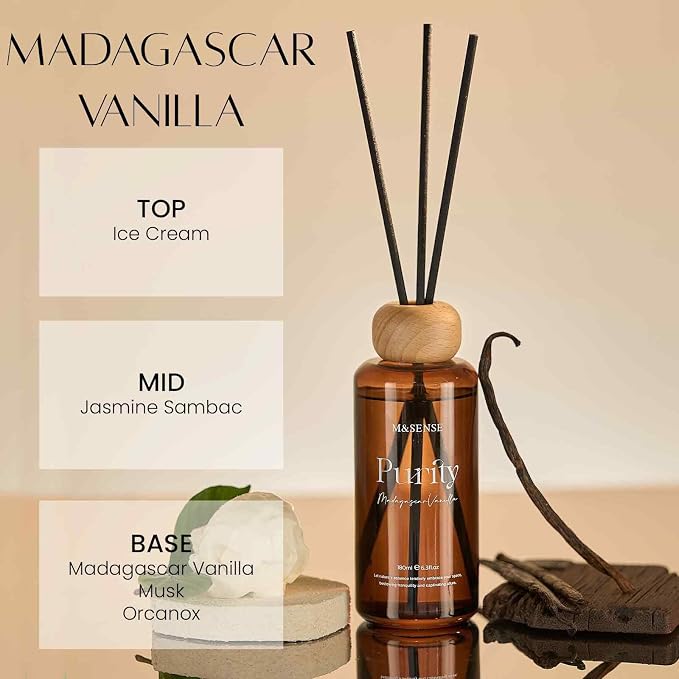 M&SENSE Reed Diffuser, Madagascar Vanilla, 6.3 oz Natural Essential Oil | Non-Toxic Organic, Long-Lasting Fragrance, Ideal for Living Room, Bedroom, Gifts for Women