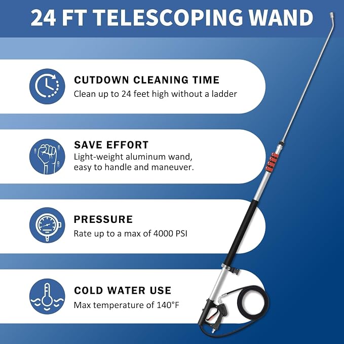 LidoDola 24FT Telescoping Pressure Washer Wand, Power Washer Accessory | Effortlessly Cleans Farther,Lightweight aluminum extension pole, Includes 3 Extension Wands, Brush, 7 Nozzles & Harness