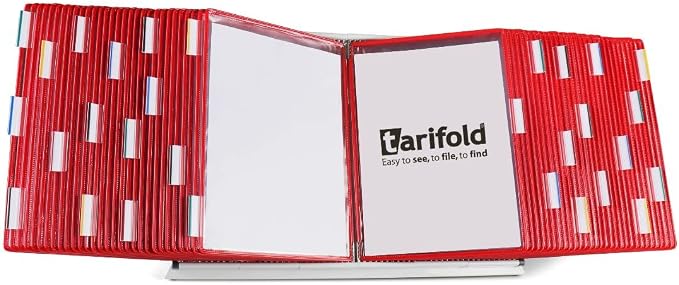 Tarifold Desktop Reference Display System, 60 Pockets, Red | 60 double-sided PVC pockets hold 120 letter-size sheets, sturdy metal base, quick-find indexing, easy to assemble