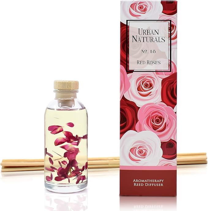Reed Diffuser Set, Red Roses - Bathroom Shelf Décor | Floral Scented Sticks Room Freshener for Bathroom, Kitchen & Bedroom, Great Gift Idea