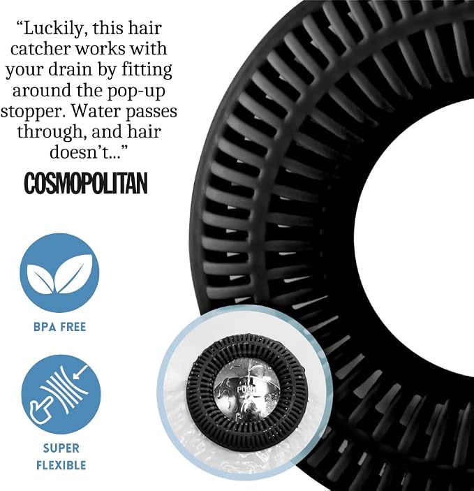 TubRing Pop-Up Drain Protector & Strainer Silicone Hair Catcher, Black | Easy snap-in design fits around bathtub stoppers. Customizable utility guard for clog prevention. Fits 1.85"- 2.16" drains.