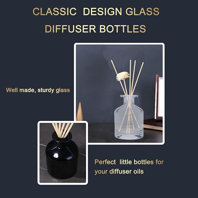 HOSSIAN 150ml/50oz 2 Clear Glass Bottles 2 Glossy Black Bottles Fragrance Diffuser Empty Bottle with 28pcs Reed Sticks for Home Fragrance Accessories (Clear+Black)