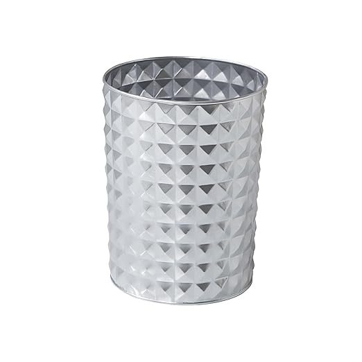 Venalys Small Round Metal Trash Can Wastebasket, Decorative Diamond Pattern Garbage Can Waste Paper Bin, Modern Farmhouse Round Trash Bin for Bathroom, Bedroom, Kitchen and Office (Silver)