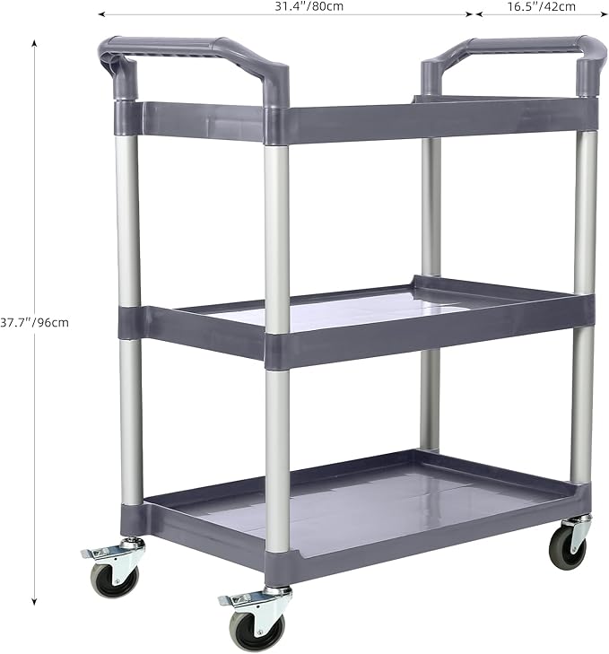 3-Tier Utility Rolling Cart with Wheels, Durable Catering carts with Wheels, Rolling Storage Cart for Hotel Canteen Resturant Office (Grey, 37" L x 16.54” W x 31.5" H) (Gray, 31.4"D x 16.5"W x 37.7"H)