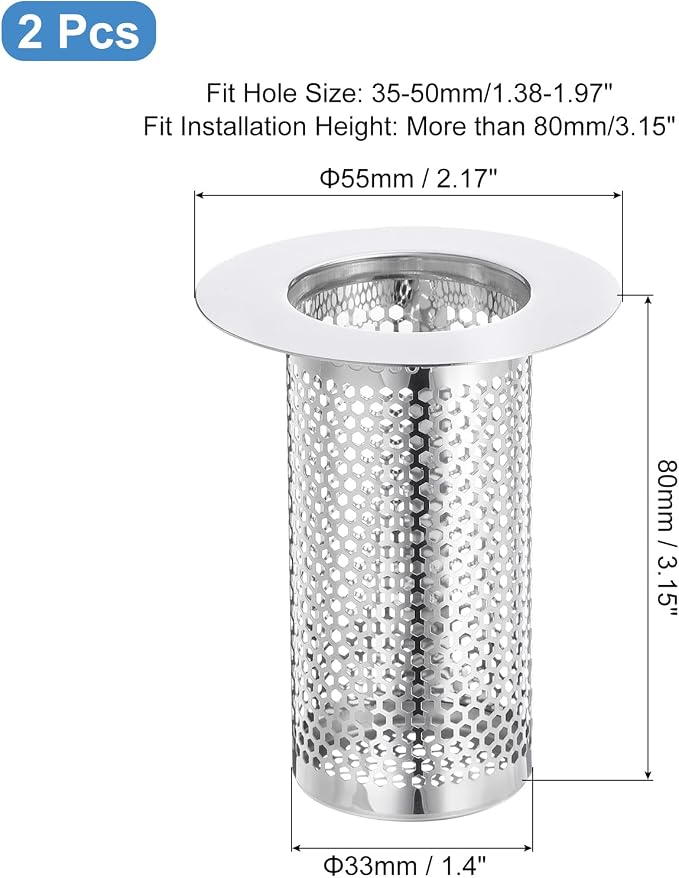 uxcell 2 Pack Shower Drain Strainer, 3.1" x 2.2" Stainless Steel Floor Drain Strainer Deep Sink Hair Catcher for Kitchen Bathroom Balcony Floor Drain, Fit Hole Size from 1.4" to 2"