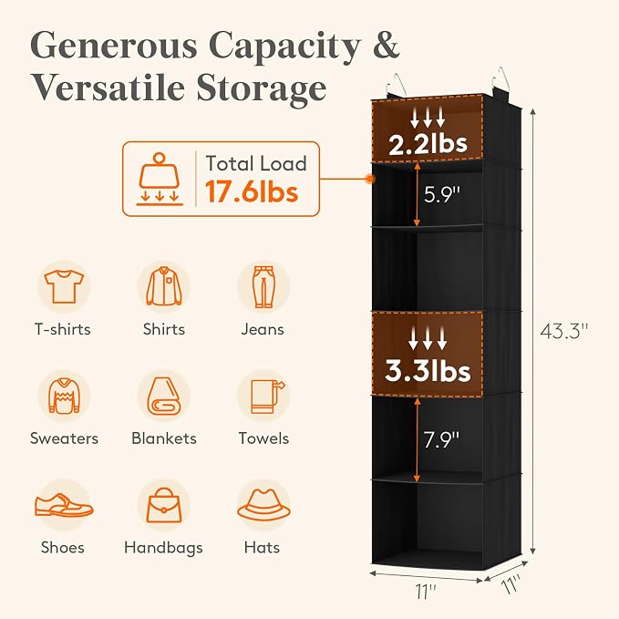 Lifewit 6 Tier Hanging Portable Closet Storage Organizer for Shelves, Black | Foldable Clothes Shelf with 2 Sturdy Hooks, Sweater/Coat/Shoes Clothing Organization for Wardrobe, Dorm, Bedroom