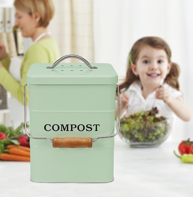 Stainless Steel Compost Bin for Kitchen Countertop Compost Bin,1 Gallon, Kitchen Trash Can -Includes Charcoal Filter,Compost with Lid-Green