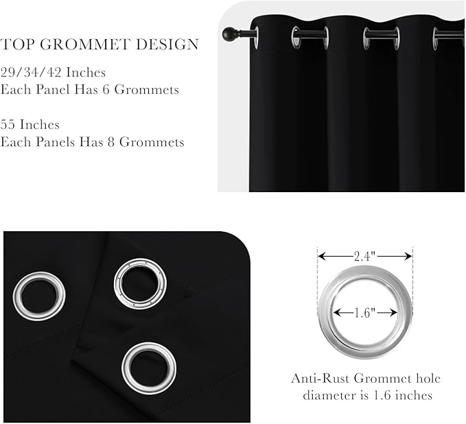 PONY DANCE Blackout Curtain Drapes - Window Treatments Solid Thermal Insulated Grommet Blackout Curtains for Bedroom Home & Kitchen Room Darkening Energy Saving, 42 W x 45 L, Black, Double Panels