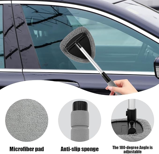 Windshield Cleaning Tool, Car Window Cleaner, Vehicle Window Cleaner with Extendable Handle & 2 Washable Microfiber Pads, Car Interior Glass Wiper Cleaning Kit for Most Vehicles (StyleB)