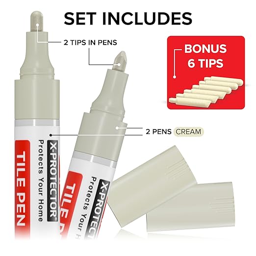 X-Protector Water Based Grout Marker - 2 PCS with 8 Tips, Cream