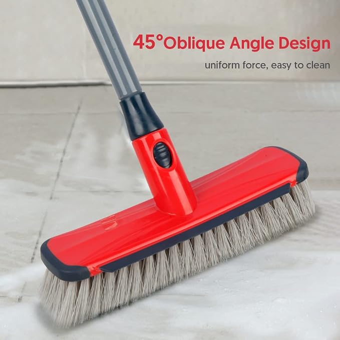 Floor Scrubber with Long Handle, 2 in 1 Scrubbing Brush Stiff Bristle Shower Cleaning Brush for Bathroom, Kitchen, Tub, Carpet, Grout, Tile(Red)
