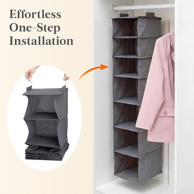 Lifewit 7 Tier Hanging Portable Closet Storage Organizer for Shelves, Black | Foldable Clothes Shelf with 2 Sturdy Hooks, Sweater/Coat/Shoes Clothing Organization for Wardrobe, Dorm, Bedroom