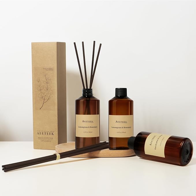 Reed Diffuser, Teakwood & Tobacco Essential Oil Refill | 6.8 oz (200ml) Musk Scented Oil, Handmade Home Air Freshener with Sticks, , Long-Lasting Room Scent for Office, Bathroom