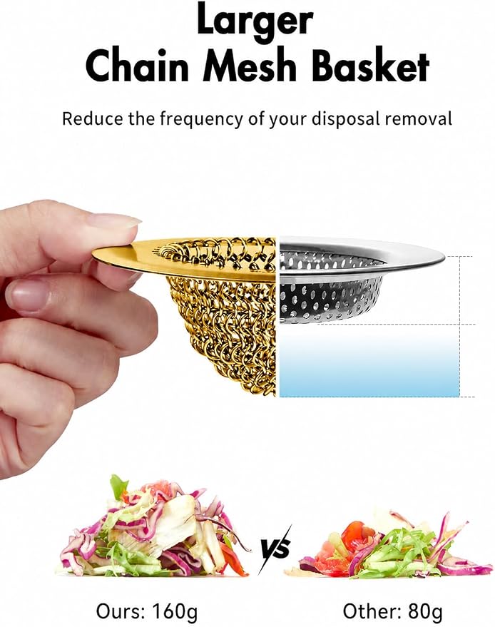 Wokdada Gold Sink Strainer, Reversible Mesh Sink Strainer with 304 Stainless Steel, Revolutionary Anti-Rust Kitchen Sink Drain Strainer Food Catcher for Garbage Disposal Without Clogging