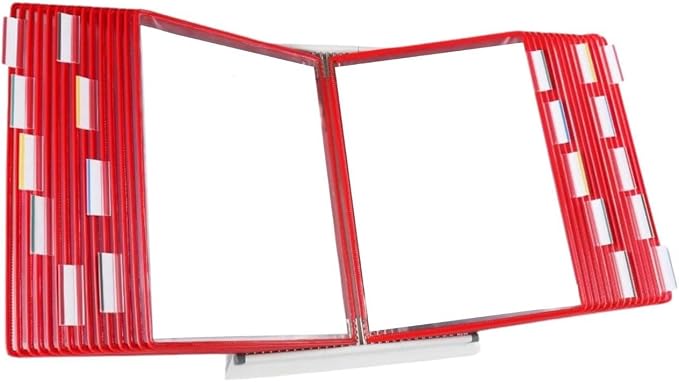 Tarifold Desktop Reference Display System, 30 Pockets, Expandable, Red | 30 double-sided PVC pockets, holds 60 letter-size sheets, sturdy metal base, quick-find indexing, quick and easy to assemble