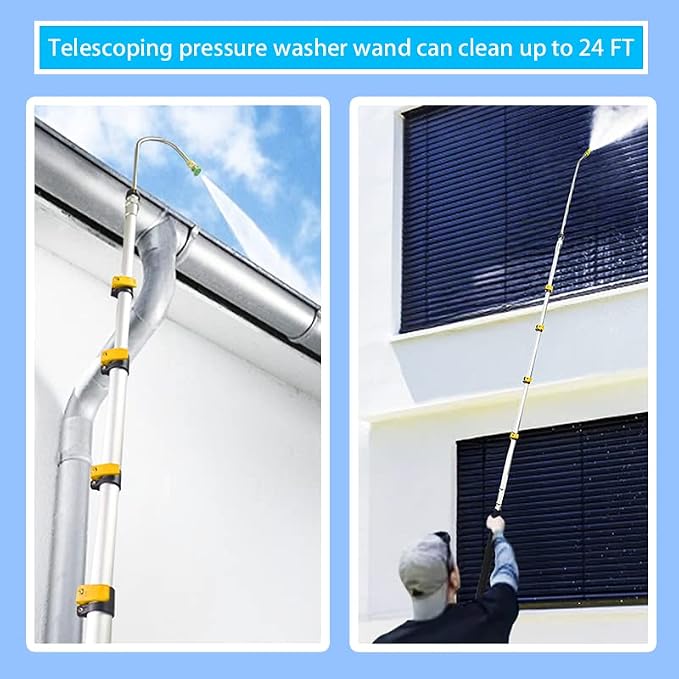 24FT Aluminum Telescoping Pressure Washer Wand with Power Washer Extension Wand, Gutter Cleaner Attachment, Brush Head, 7 Spray Nozzle Tips, Hose Inlet Adapters and Support Harness