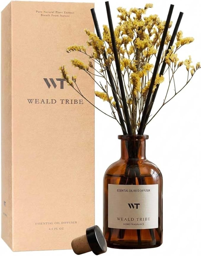 Reed Diffuser Set for Bathroom Air Fresheners, Oil Diffuser Sticks with Flower | Lemongrass Scent 4.0 fl oz Home Fragrance with Sticks Defusers | House Bedroom Office Shelf Decor